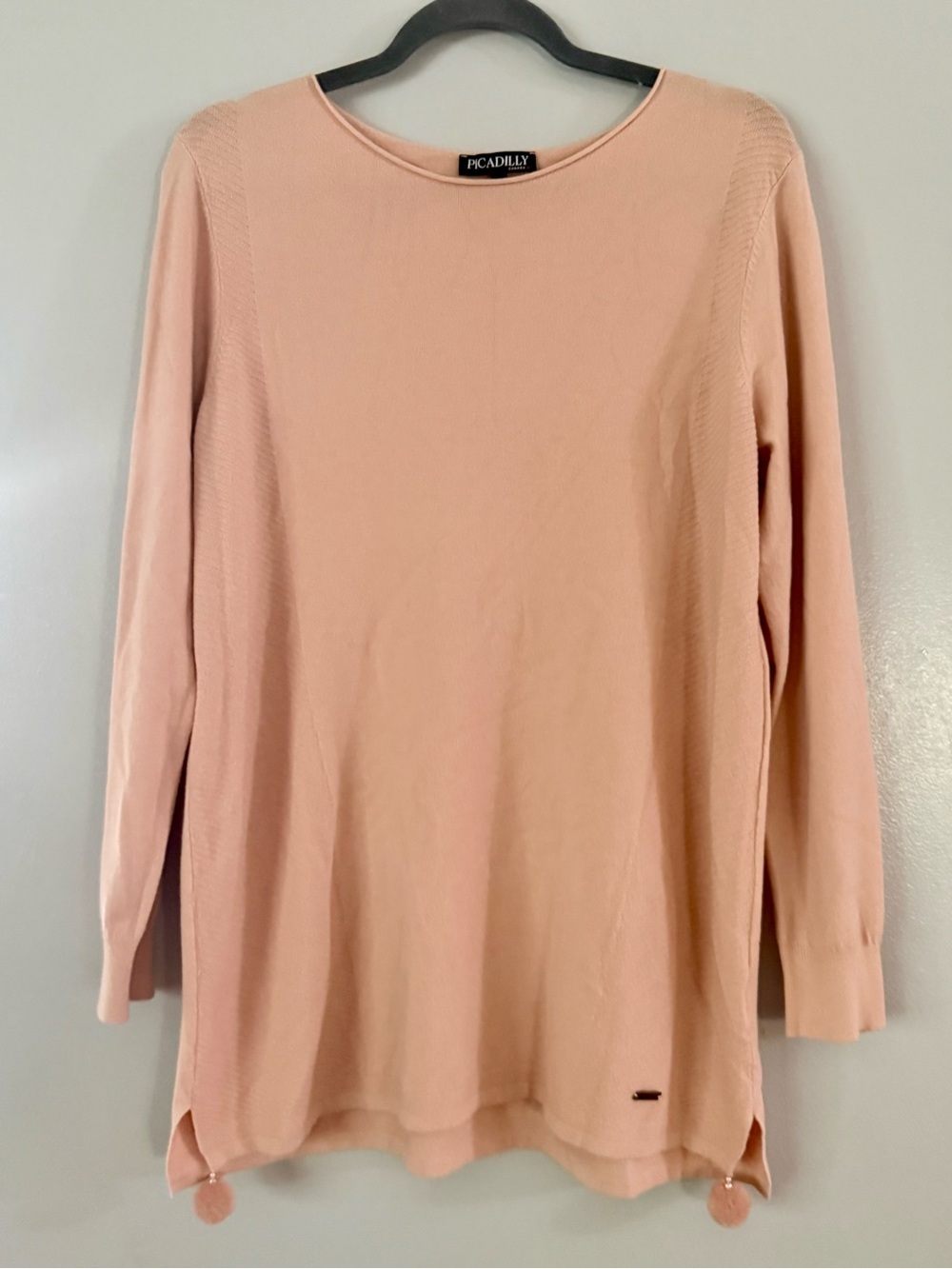 Picadilly Canada Light Pink Knit Tunic Top Pom Pom Accents Size M